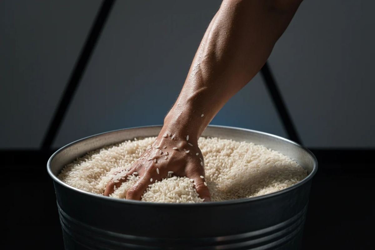 Rice bucket setup showing bucket depth and hand submerged to wrist level